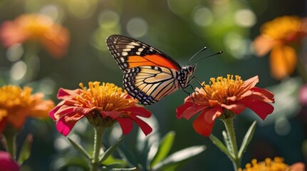 Obraz premium A brightly colored butterfly sits delicately on a vibrant pink flower in a serene garden setting. The warm afternoon sunlight creates a charming atmosphere perfect for a romantic, macro photo
