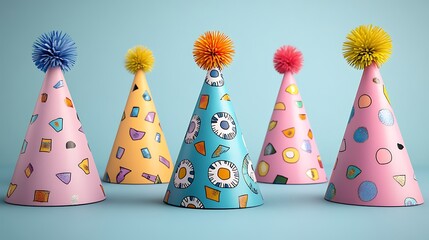 Fun doodle-style party hats with colorful decorations.