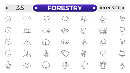 Tree and Forest outline Icon Pack. Modern Collection for Design, Web Sites, Apps, Cards. Contains Linear Images of Deciduous and Coniferous Trees.