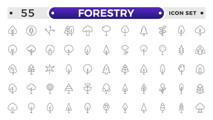 Tree and Forest outline Icon Pack. Modern Collection for Design, Web Sites, Apps, Cards. Contains Linear Images of Deciduous and Coniferous Trees.