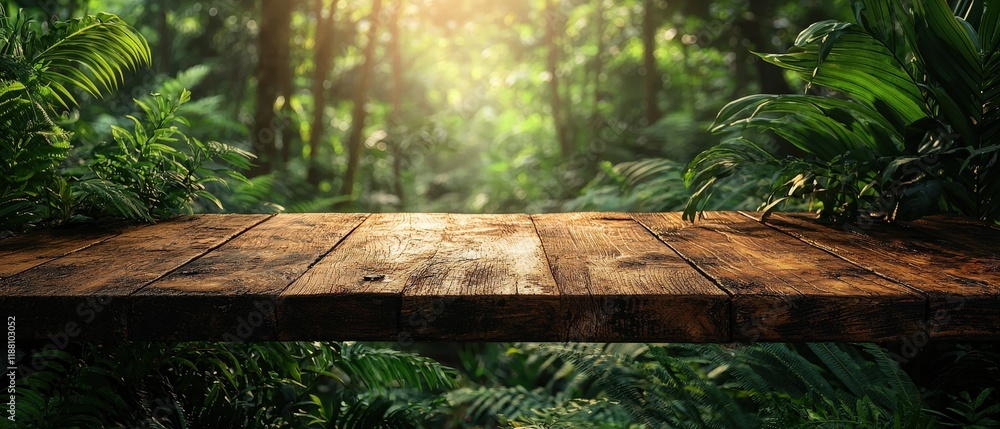 Poster a rustic wooden table sits in the foreground, surrounded by lush, green foliage. the background is a