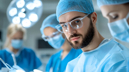 Surgical team performing delicate procedure in operating room medical environment close-up viewpoint healthcare concept