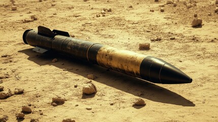 Rocket missile on desert ground, potential military conflict background.