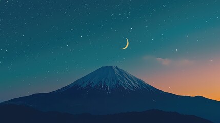 Serene Mountain Under Night Sky with Crescent Moon and Stars