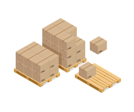 Isometric brown cardboard boxes on wooden pallet stock illustration