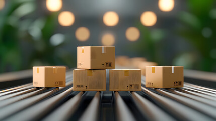 Boxes being scanned and sorted on conveyor belt in warehouse setting, showcasing efficient logistics and organization. warm lighting creates welcoming atmosphere