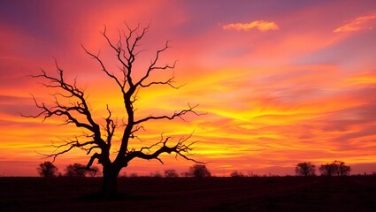 Obraz premium A solitary, gnarled bare tree stands tall against a vibrant orange and pink sunset sky with hues