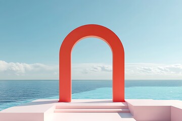 Podium stand on a peach background with blue sky and clouds on a sunny day 3d render