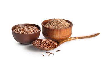 Bowl of flax flour and wooden spoon with seeds on white background