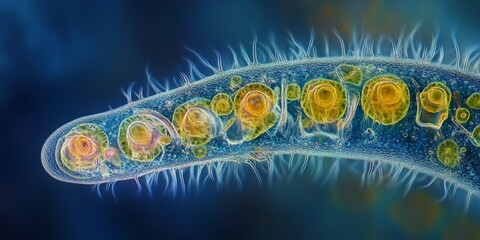 Microscopy micrograph showcasing the conjugation process of Paramecium caudatum under 50X magnification, emphasizing the intriguing details of this animal s reproductive behavior.