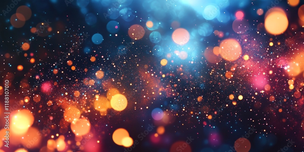 Poster An abstract background featuring a futuristic glowing bokeh effect, characterized by defocused colorful lights that shimmer with sparkles and a glittery texture.