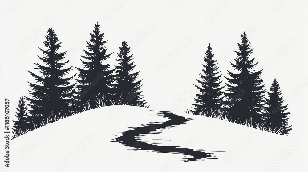 Poster silhouette of pine trees with curved path on white background