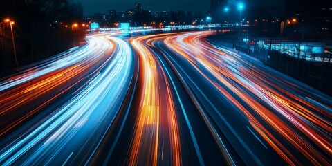 Obraz premium Captivating lights of cars driving at night create stunning visual effects in this long exposure image, showcasing the dynamic movement and brilliance of nighttime city life with car lights.