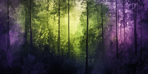 Naklejka premium Abstract forest background featuring a harmonious blend of green and purple tones, creating a captivating abstract forest scene that evokes tranquility and artistic expression in nature.