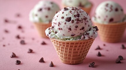 Mint chocolate chip ice cream in a cone isolated against a pink background. 