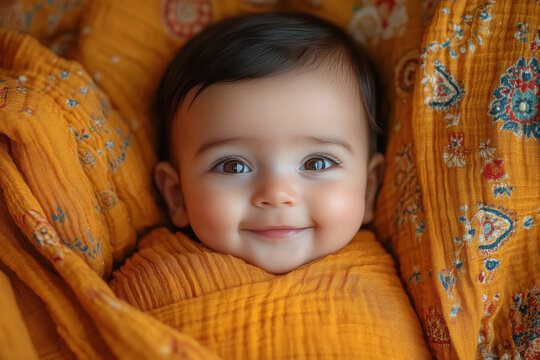 Indian baby with soft, chubby cheeks and expressive eyes, smiling innocently in various adorable scenes.