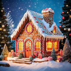 A charming gingerbread house in a snowy winter forest