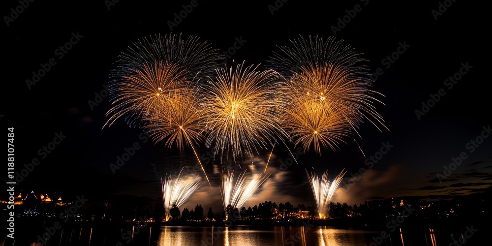 Poster dazzling fireworks illuminate the night sky, creating a stunning display of colors and patterns in a