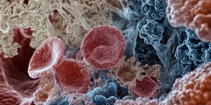 Human blood cell magnified under a microscope at 1000x, showcasing the intricate details of the human blood cell structure and composition for educational and scientific purposes.