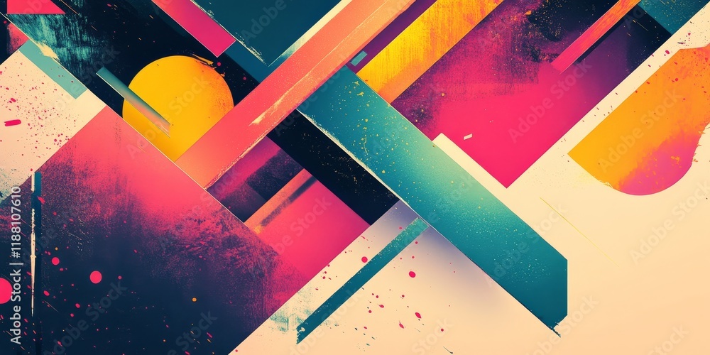 Poster a vivid and lively digital composition featuring a harmonious mix of geometric shapes in an abstract
