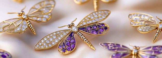 Fototapeta premium A collection of golden dragonfly and butterfly brooches with purple, white, and yellow gemstones on them, each featuring intricate honeycomb patterns.