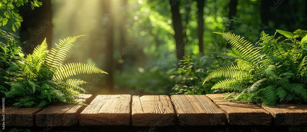 Poster sunlit ferns frame a weathered wooden platform in a lush forest scene. light streams through the tre