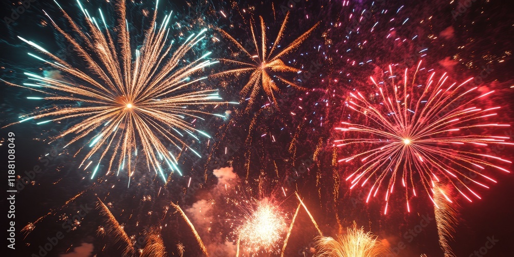 Poster dazzling fireworks illuminate the night sky, creating a stunning display of colors and patterns in a