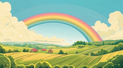 Obraz premium Colorful Rainbow Over Scenic Rural Landscape with Rolling Hills
