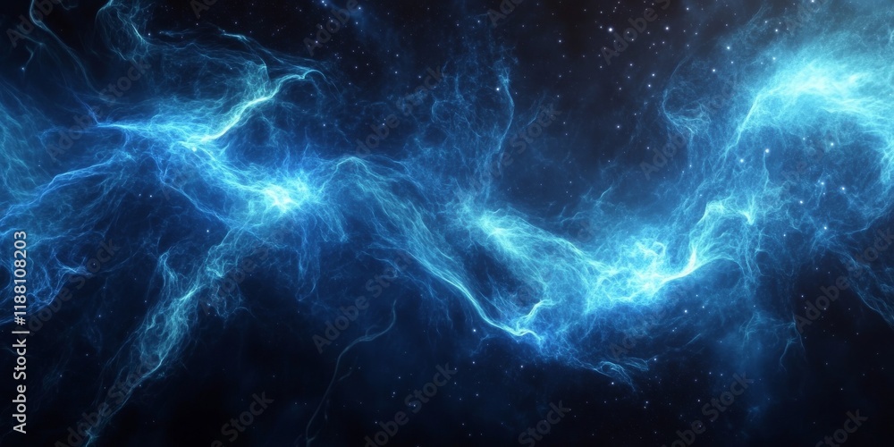 Poster abstract background featuring a dynamic blue plasma field with particles, designed through computer 
