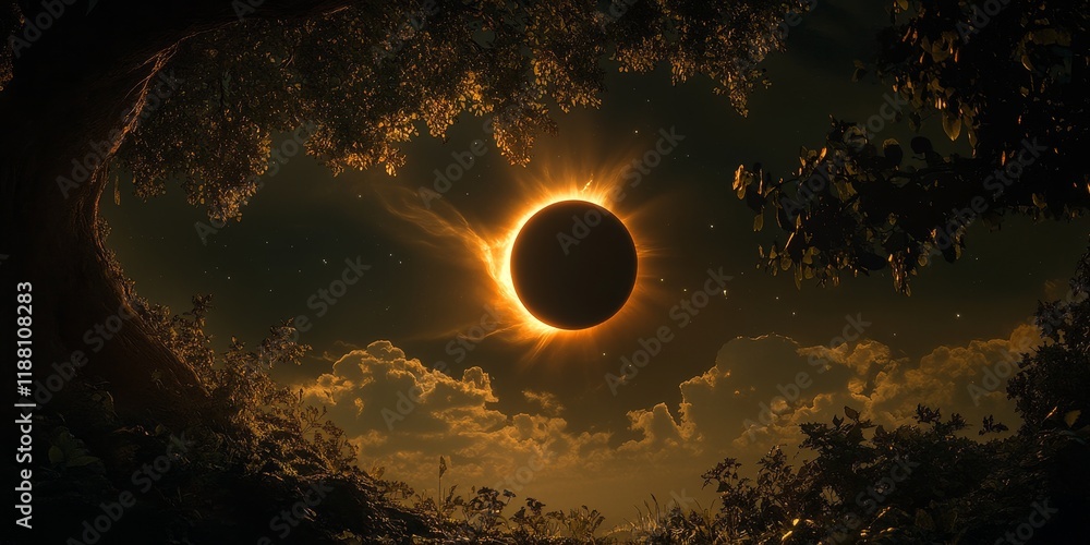 Poster a partial solar eclipse occurs when the moon obscures the sun, creating a dark, mystical sky. this c