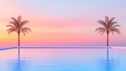 Fototapeta premium Serene Sunset: Palm Trees & Infinity Pool Paradise