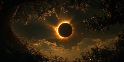 A partial solar eclipse occurs when the moon obscures the sun, creating a dark, mystical sky. This celestial event captivates an audience against a backdrop of detailed foliage and wide, open space.