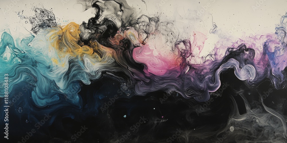 Aufkleber black and white ink background merges with colorful fog, creating an abstract swirling ocean effect.