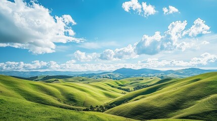 Obraz premium Serene Rolling Green Hills Under Bright Blue Sky with Clouds
