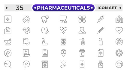 Pharmaceuticals Icon set collection. Set of vector line icons of Medicine and health for web and apps. modern icon and various concepts, Set of flat signs and symbols for web and apps.
