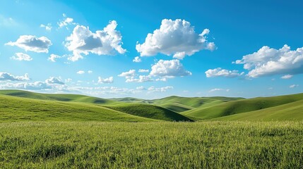 Fototapeta premium Lush Rolling Green Hills Under Bright Blue Sky with White Clouds