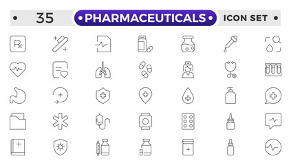 Pharmaceuticals Icon set collection. Set of vector line icons of Medicine and health for web and apps. modern icon and various concepts, Set of flat signs and symbols for web and apps.