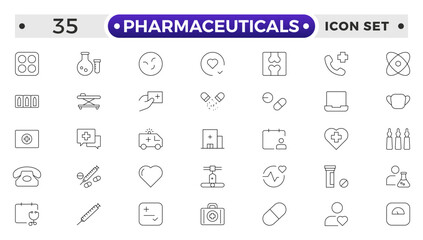 Pharmaceuticals Icon set collection. Set of vector line icons of Medicine and health for web and apps. modern icon and various concepts, Set of flat signs and symbols for web and apps.