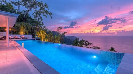 Fototapeta premium Stunning Infinity Pool Villa with Ocean Sunset Views