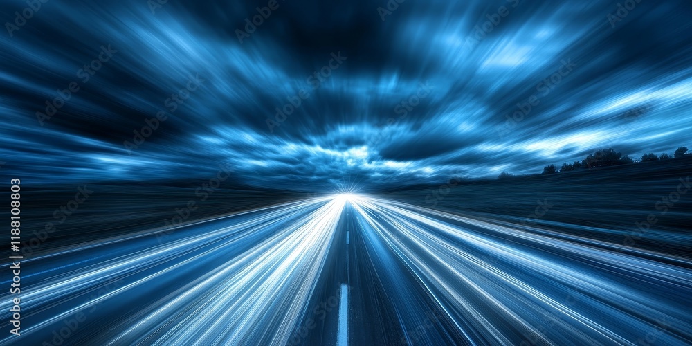 Poster a vacant roadway captured in motion blur, showcasing streaks of light that create a dynamic and vivi