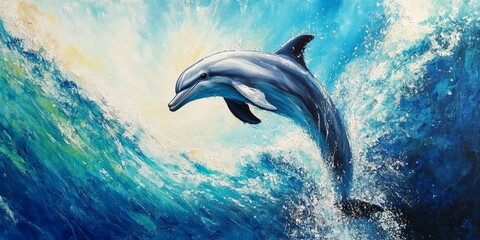 Naklejka premium Dolphin leaping gracefully from the vibrant blue water creates a stunning scene. This lively dolphin jumps high, showcasing its beauty against the stunning blue water backdrop.