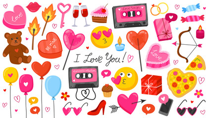 Collection of colorful doodle icons on the theme of love and romance. Valentine's day illustration on white background. Heart, music cassette, teddy bear, lollipop, balloons, pizza, gift box.