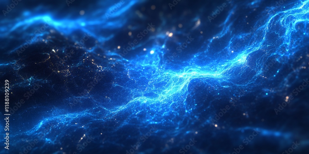 Poster abstract background featuring a dynamic blue plasma field with particles, designed through computer 