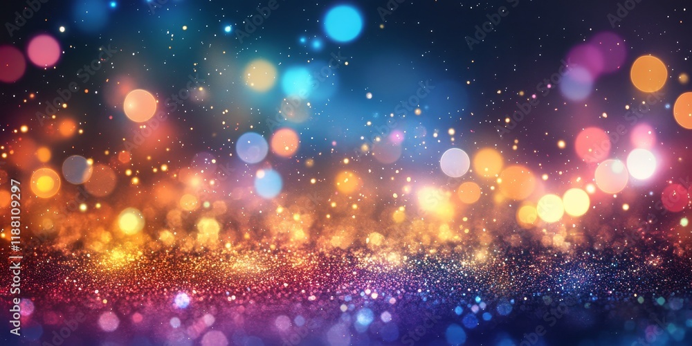 Poster An abstract background featuring a futuristic glowing bokeh effect, characterized by defocused colorful lights that shimmer with sparkles and a glittery texture.