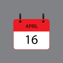 Calendar icon with April 16 date on grey background. Vector schedule symbol.