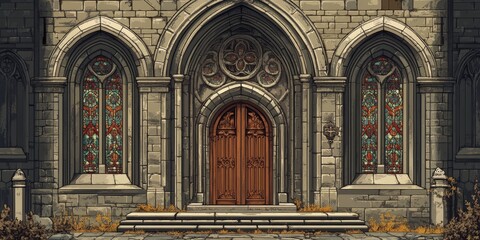 Obraz premium Medieval church entrance featuring an ornate facade with door gates, showcasing the architecture of a cathedral. The building includes old arches and stained glass windows that reflect faith.