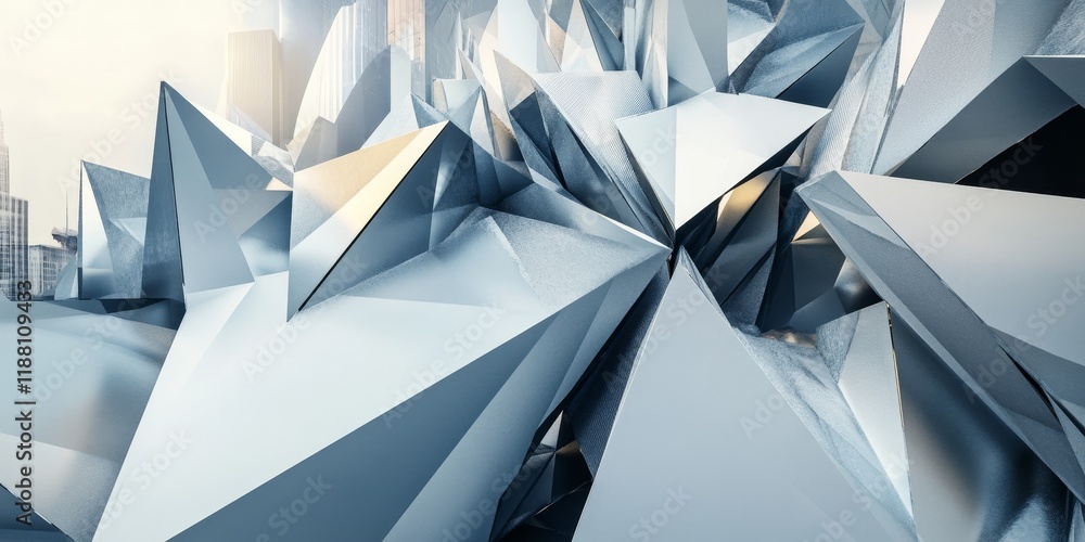 Poster three dimensional triangular rendering showcasing a backdrop of urban architecture, emphasizing the 