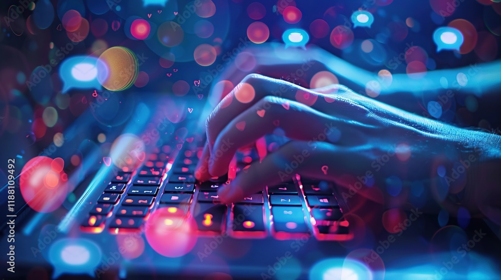 Aufkleber hands typing on computer keyboard with digital chat and messaging interface displayed