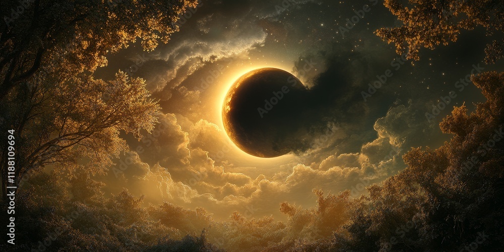 Poster a partial solar eclipse occurs when the moon obscures the sun, creating a dark, mystical sky. this c