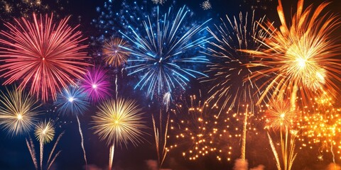 Vibrant fireworks display lighting up the night sky, showcasing dazzling colors and patterns, creating a festive atmosphere with captivating fireworks capturing the joy of celebration.